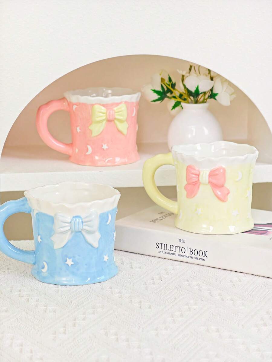 1 pieza Taza de cerámica con capacidad grande, creativa con diseño de lazo y luna 3D pintado a mano con estilo femenino