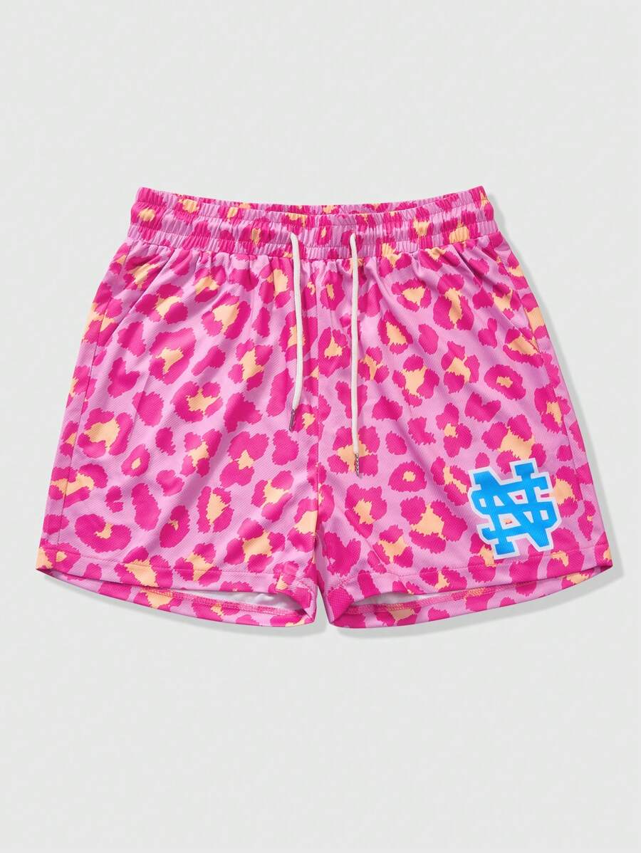 Pantalones cortos para hombre con estampado de bloques de color y leopardo, adecuados para uso en la calle, al aire libre y de vacaciones