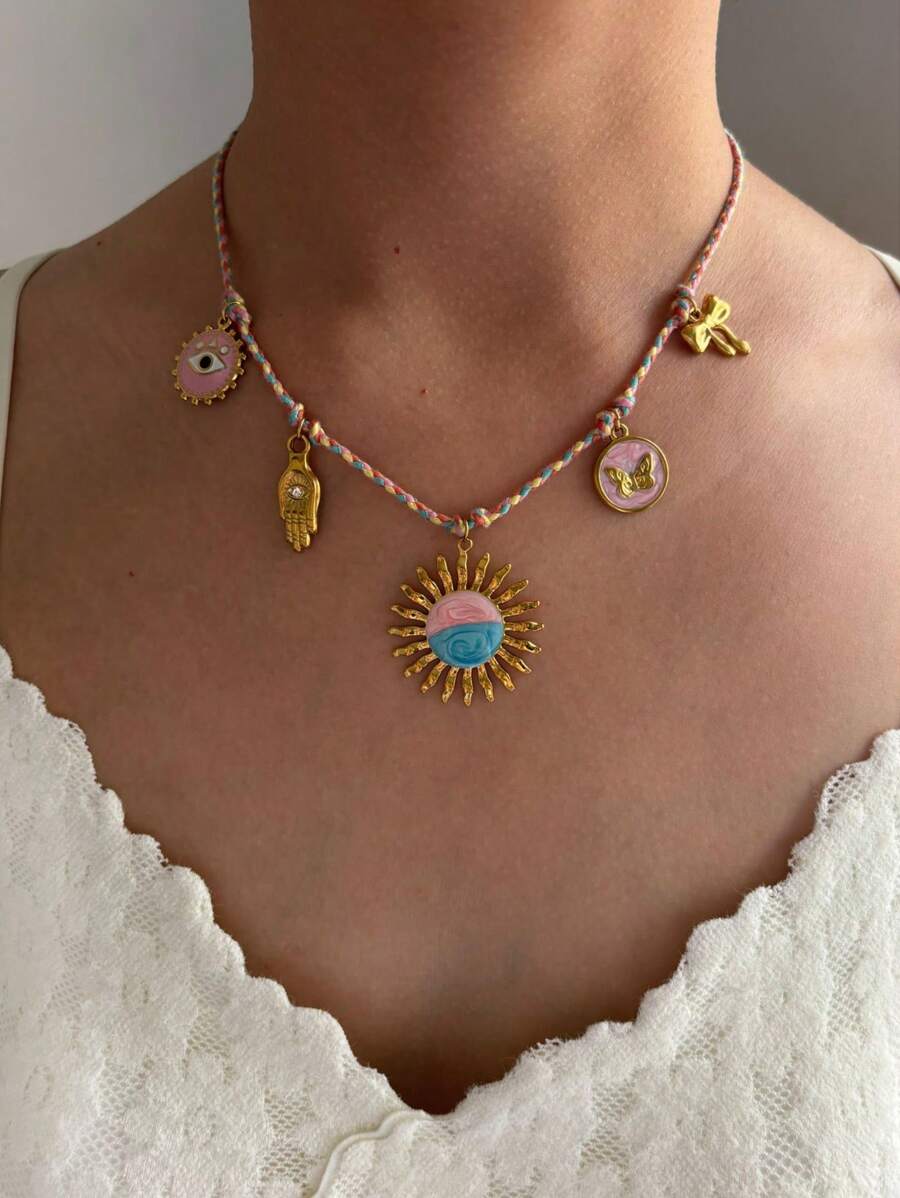 Monlansher Neues original rosa mehrteiliges Bohemien-Stil Damen Halskette mit Elementen wie Hand, Sonnenblume, Schleife, Auge, Schmetterling Anhänger, handgefertigte emaillierte Glasur, modisch elegant für Lässig, Urlaub, Party und Alltag