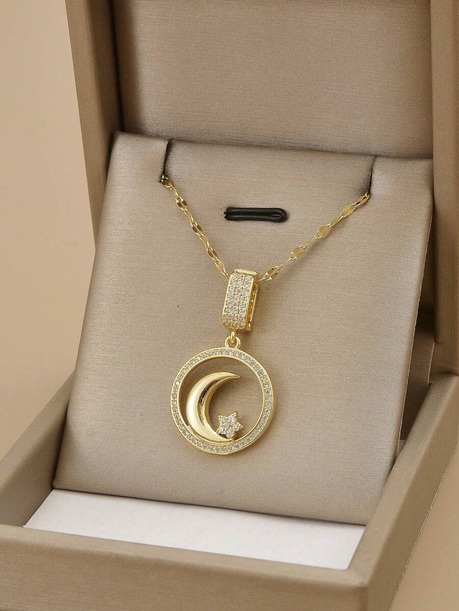 1pc Fashionable Sparkling Full-Rhinestone Moon & Star Decor Stainless Steel Luxury Necklace For Women