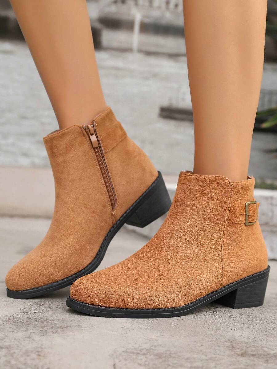 Neue modische Stiefeletten für Damen im Herbst/Winter, vielseitig einsetzbare Schuhe mit mittlerem Absatz, rutschfest, seitlichem Reißverschluss, sexy Schnallenverschluss