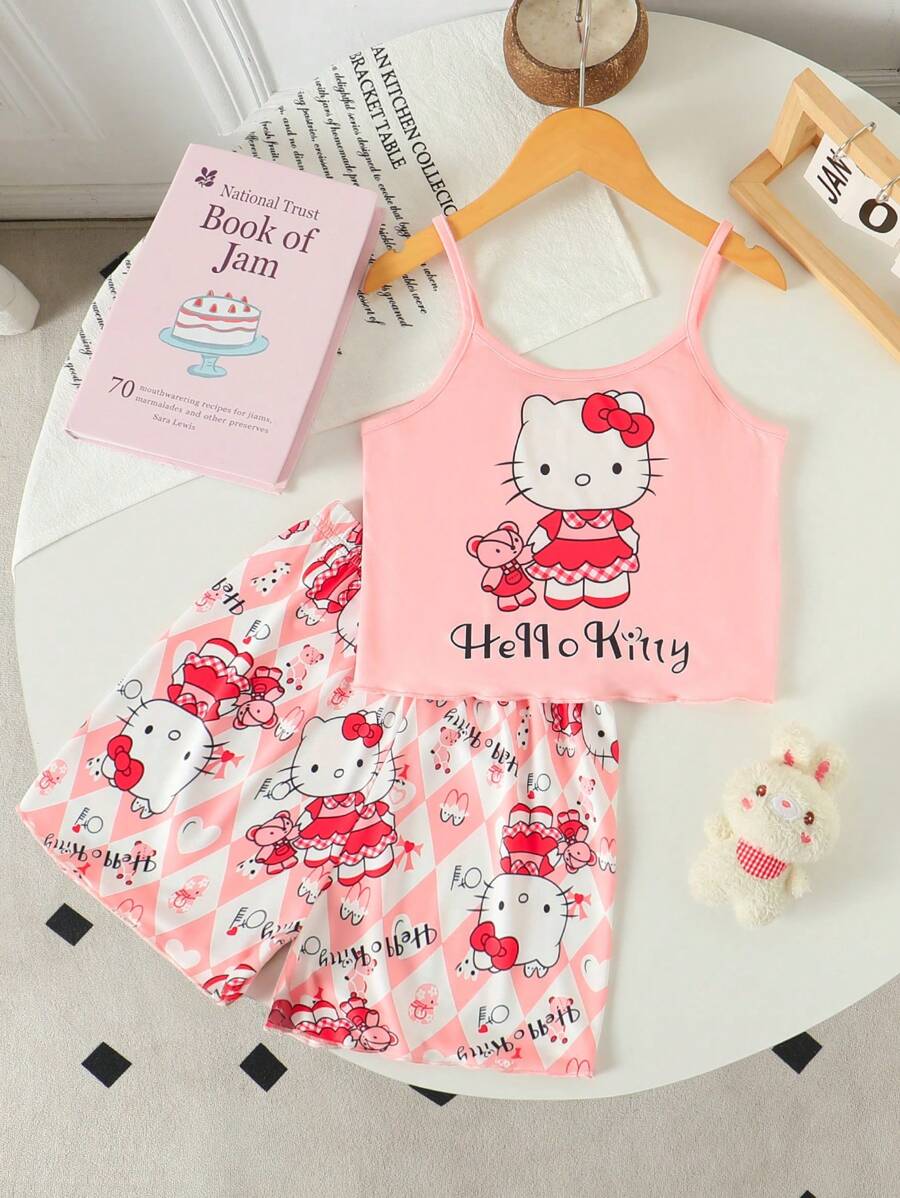 Sanrio Sanrio Girls' Plus Size Hello Kitty Pink Sleepwear Set, 2025 New Summer Cute Spaghetti Strap Ruffle Trim Short Pajama Top & Shorts