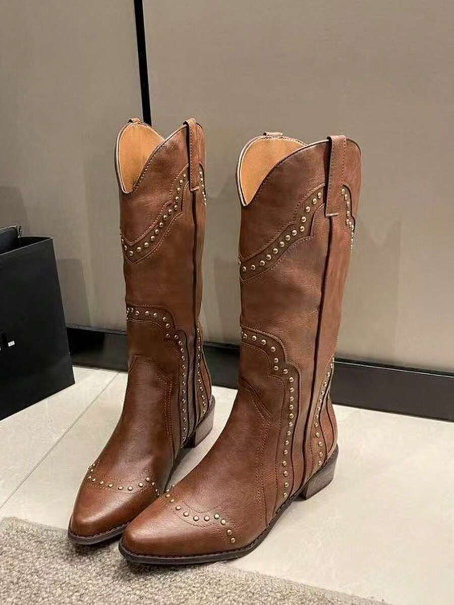 Women's Western Mid-Calf Boots With V-Cut, Riveted Decor, Square Toe, Low Block Heel, Cowgirl Boots,