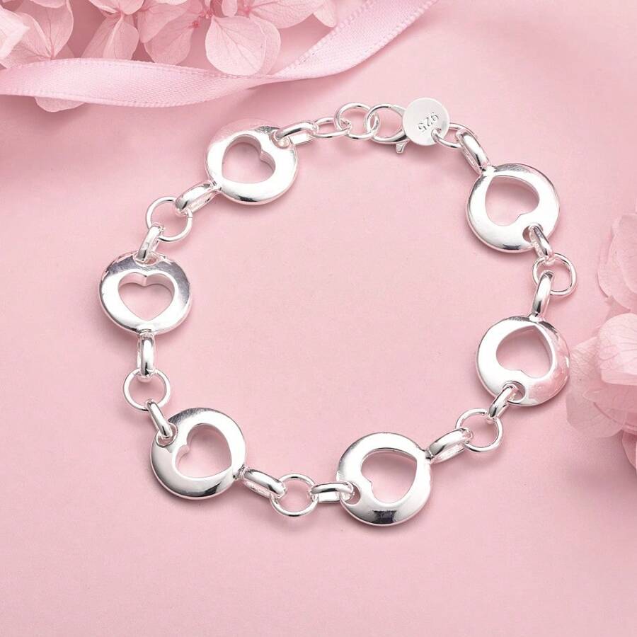 Elegant 1pc 925 Sterling Silver 8 Inches Round Hollow Heart Bracelet For Women Fashion Luxury Gift Christmas Party Charm Jewelry
