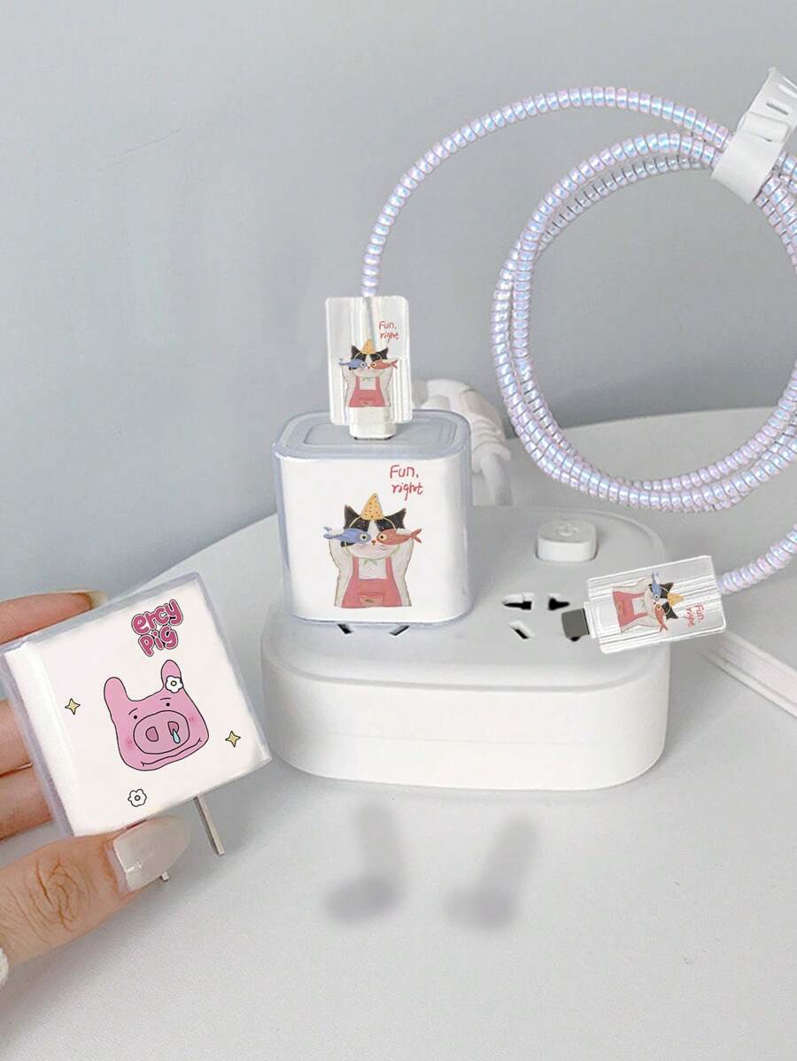 5 Stück/Set niedliche Schwein/Katze Muster kompatibel mit 18W/20W Apple Ladegerät Schutzabdeckungen, TPU weiche Kabelschutz, Ladezubehör, Handyzubehör