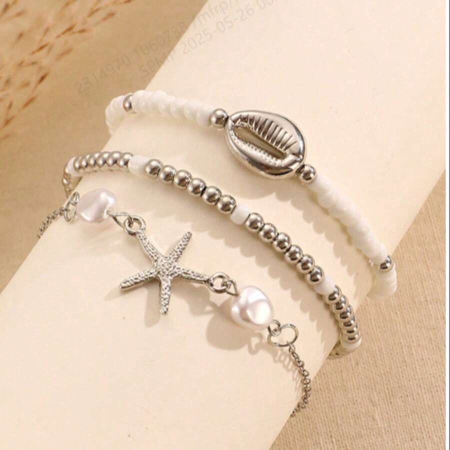 Set de 3 pulseras de estilo bohemio con decoración de estrella de mar y conchas con perlas, imprescindible del verano para mujeres