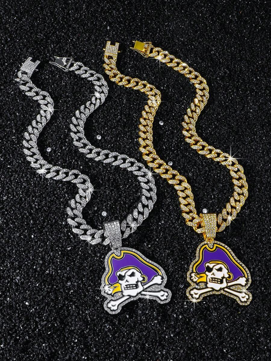 1pc Men's Fully Rhinestone Chain Hip-Hop Style Pirate Pendant Necklace, Boyfriend Gift