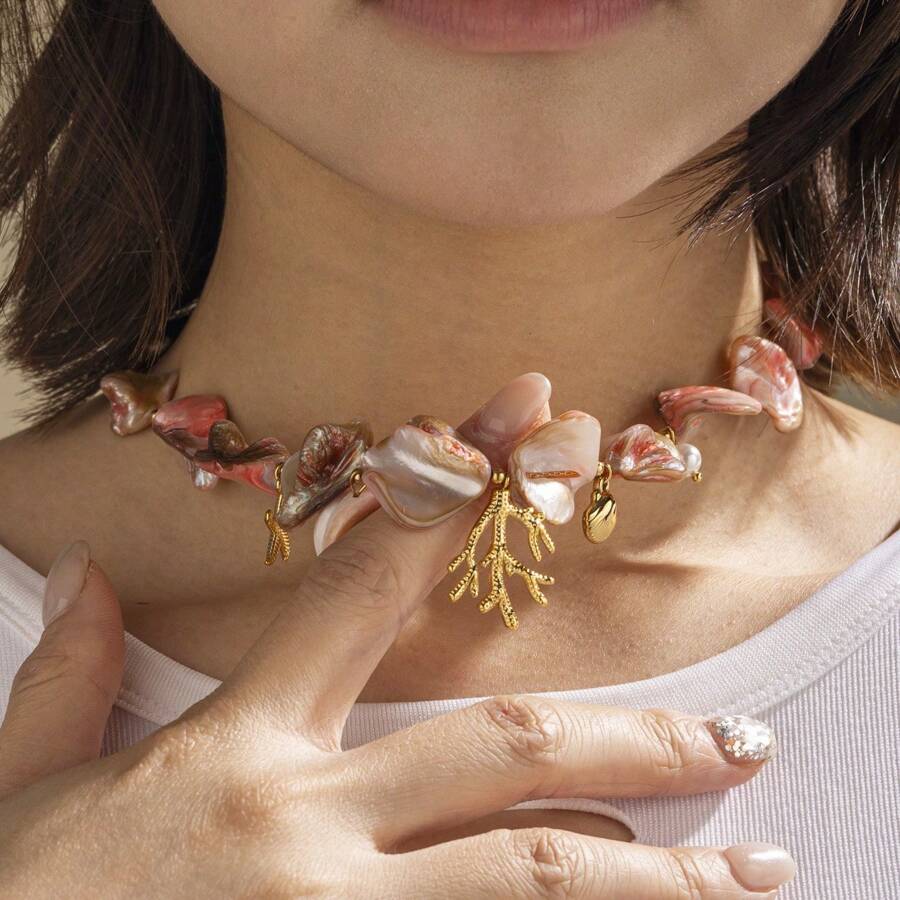 1pc Pink Shell & Coral Stainless Steel Necklace, Beach Vacation Style For Women, Suitable For Daily Wear