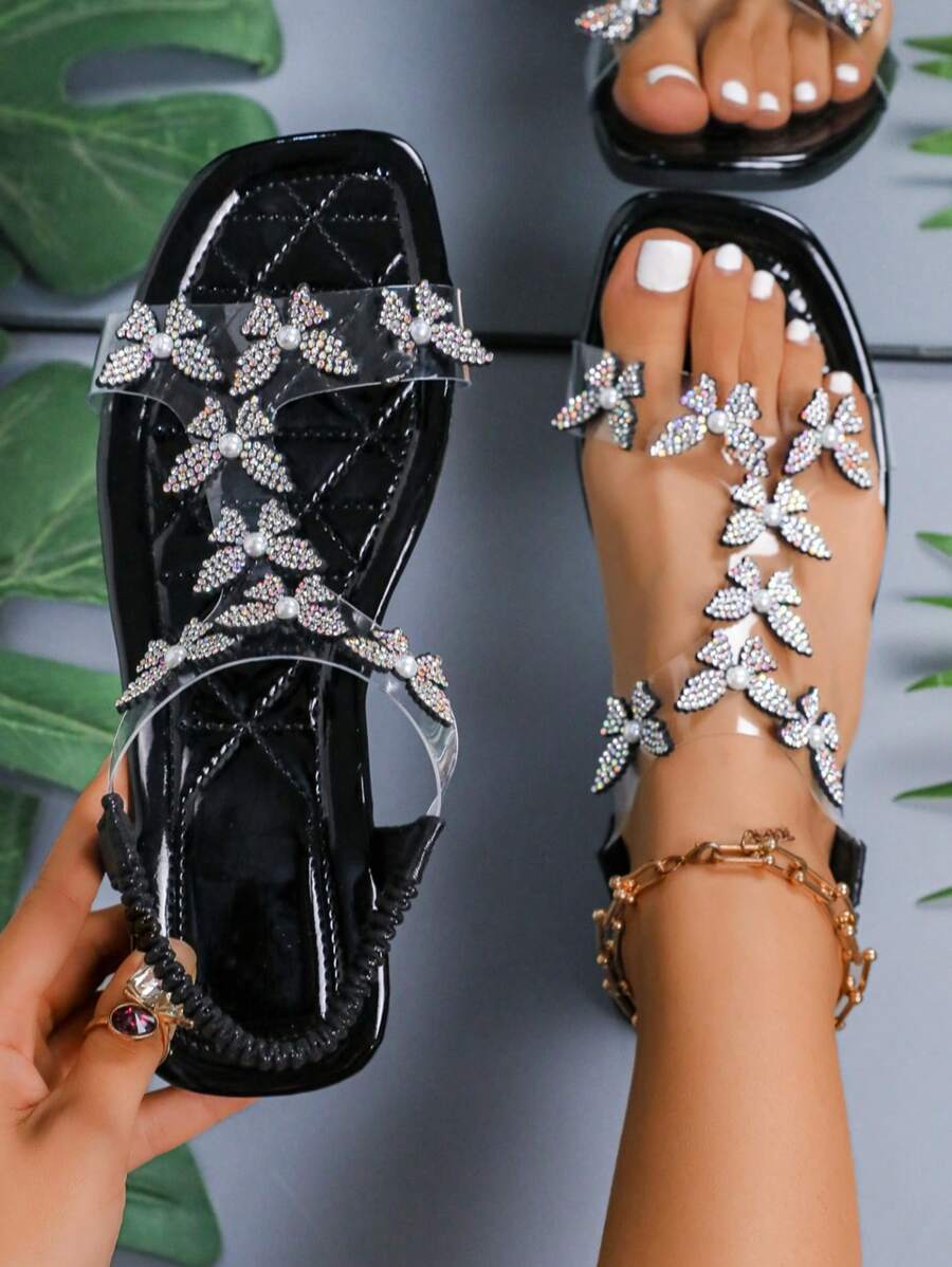 Women's Crystal Embellished Peep Toe Flat Slip-On Sandals, Comfortable & Versatile Elegant Outdoor Shoes