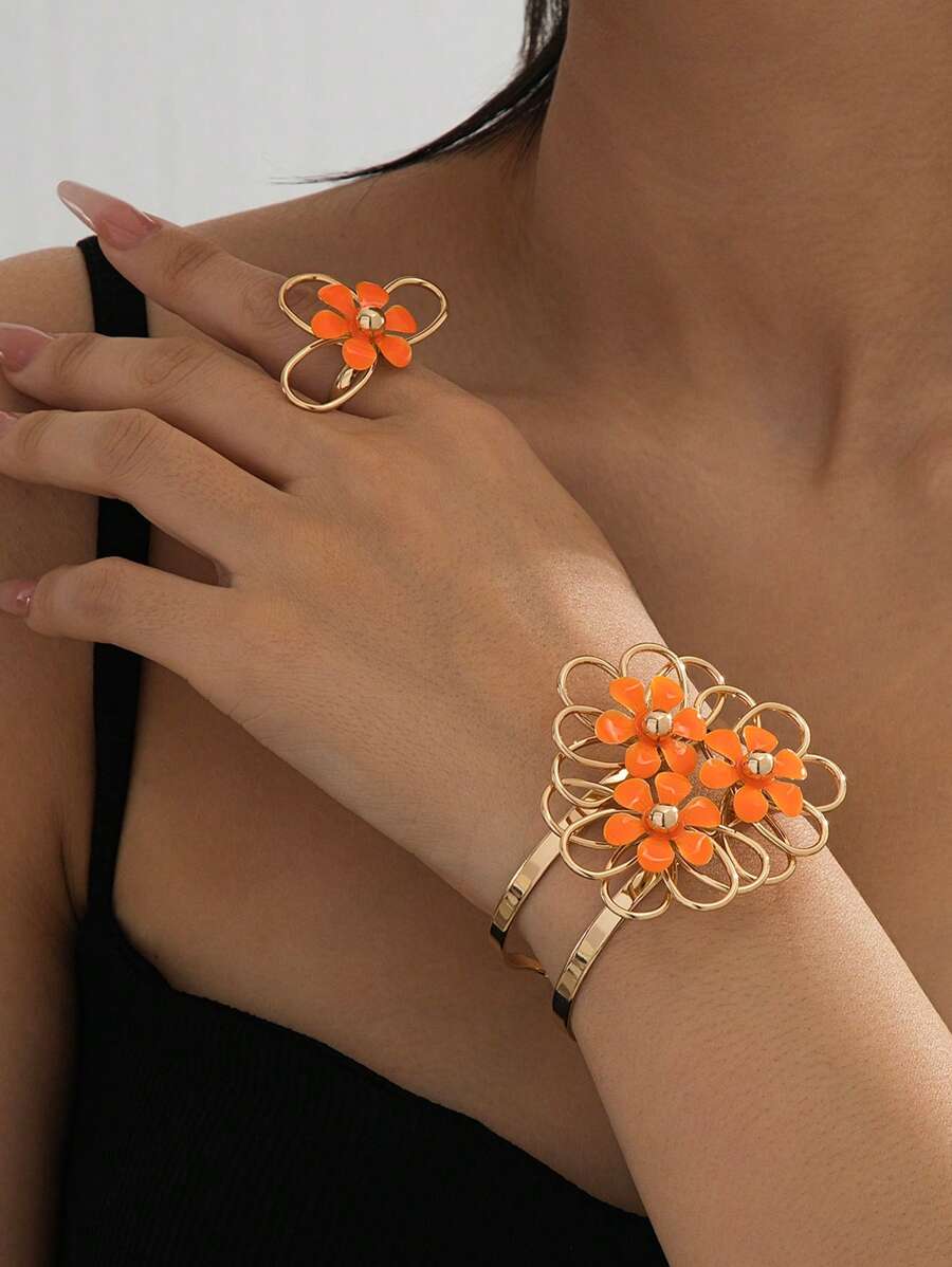 1 Set de joyería con flor en color vino tinto brillante para mujer, anillo y pulsera populares para fiestas y fotografía callejera