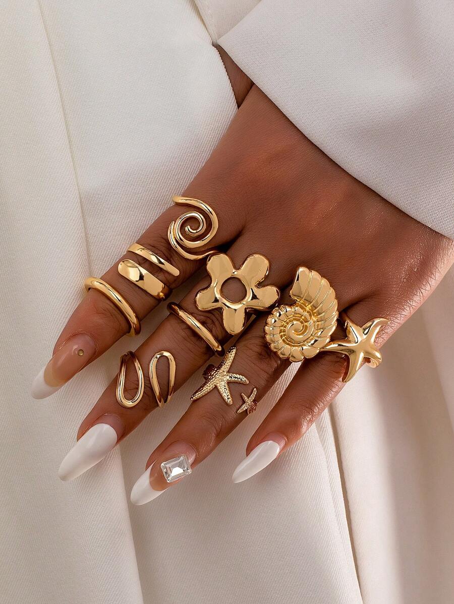 9 Pcs Ocean Style Summer Starfish Ring , Seashell Rings , Swirl Design Women Stacked Gold Rings Set , Minimalist Jewelry Suitable For Daily Wearing , Beach , Travel , Party