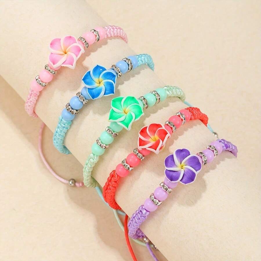 5pcs Soft Ceramic Egg Flower Bracelet Set, Bohemian Style Hand Woven Flower Bracelet Rope, Fashionable And Simple Bracelet Suitable For Daily Vacation Wear