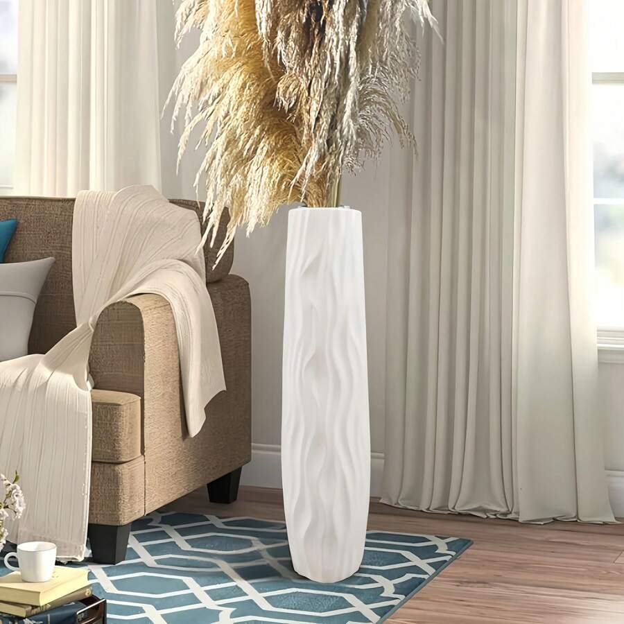 Jarrón alto de pie grande, de plástico de imitación de cerámica, blanco y negro, de estilo europeo, para arreglos florales secos y decoración del salón. Jarrón cilíndrico retro clásico, resistente, de varios colores, decoración de sobremesa para sala de estar, sin necesidad de baterías