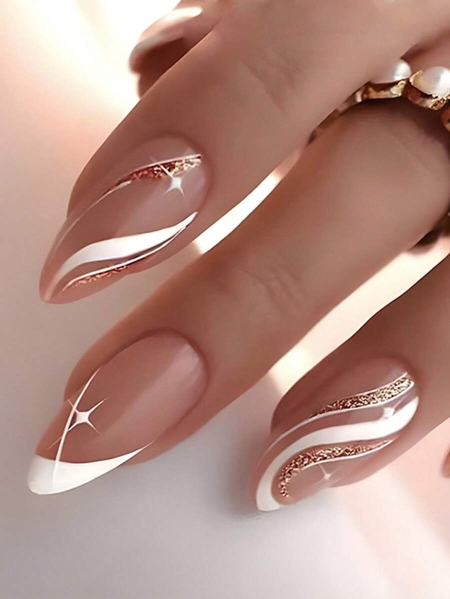 Aggiorna lo stile delle tue unghie: 24 pezzi di arte di unghie in forma di mandorla di media lunghezza, bianchi con glitter e forma di stella color champagne. Include 1 lima per unghie e 1 set di unghie finte con gel Jelly. Forniture per unghie