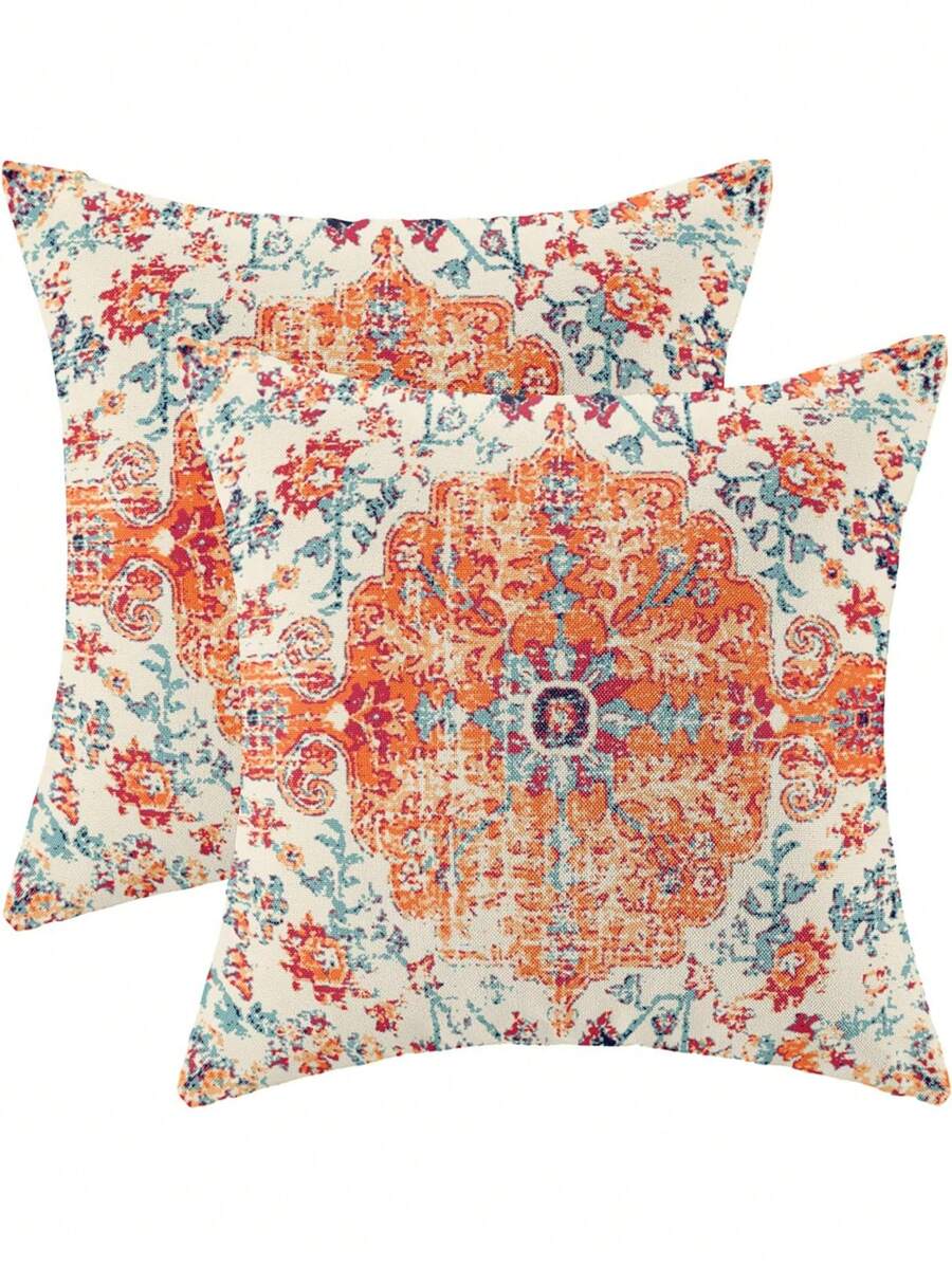 1/2/4pcs Bohemian Vintage Carpet Pattern Pillow Covers In Orange And Blue Design For Decorative Farmhouse, Couch, Garden (No Insert)