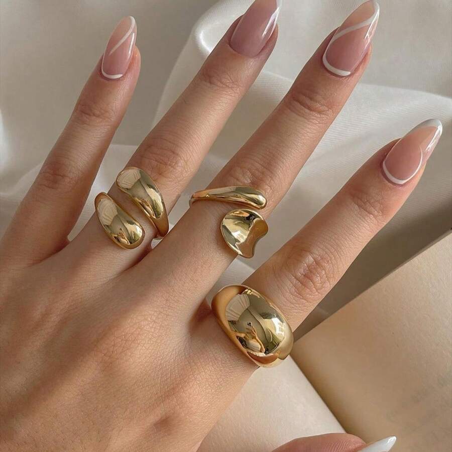 3pcs Unique Geometric Waterdrop Smooth Open Ring Set, Suitable For Daily Wear For Women