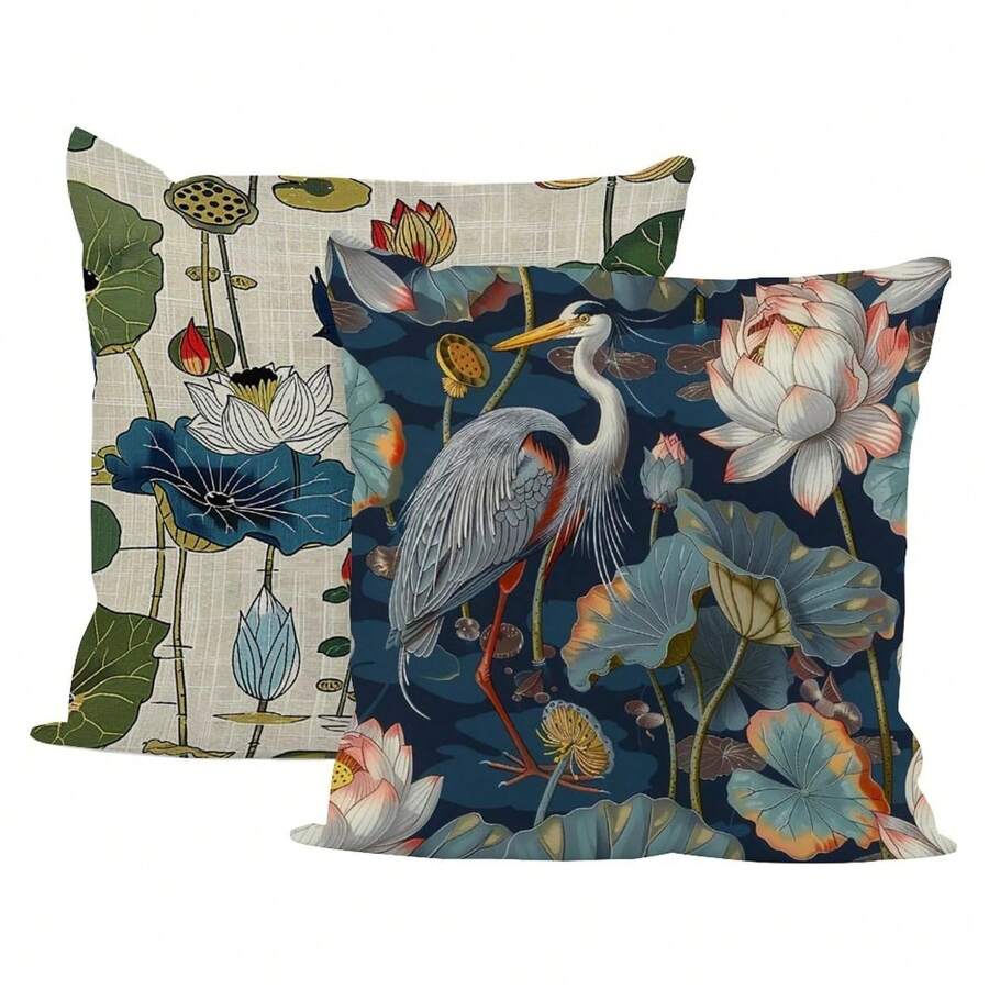 2pcs Outdoor Decoration Pillowcase, Bird And Lotus Waterproof Bench, Balcony Throw Pillowcase, Square, Personalized Wedding Birthday Gift, Beach Sofa, Garden Decoration, Single Side, No Pillow Core