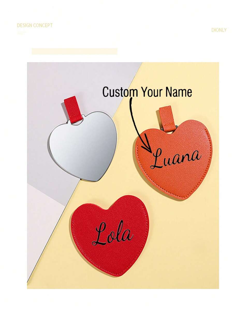 1pc Personalized Wedding Makeup Heart Shaped Mirror - Bridesmaid Gift - Customized PU Leather Compact Mirror - Handy Mirror - Bridal Party Gift - Gift For Mom, Sister, Her