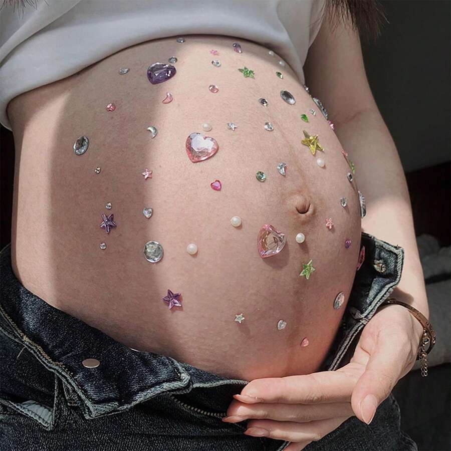 1/5 Set de pegatinas de diamantes para decoración tridimensional del vientre embarazado con patrón de perlas, amor y foto de maternidad