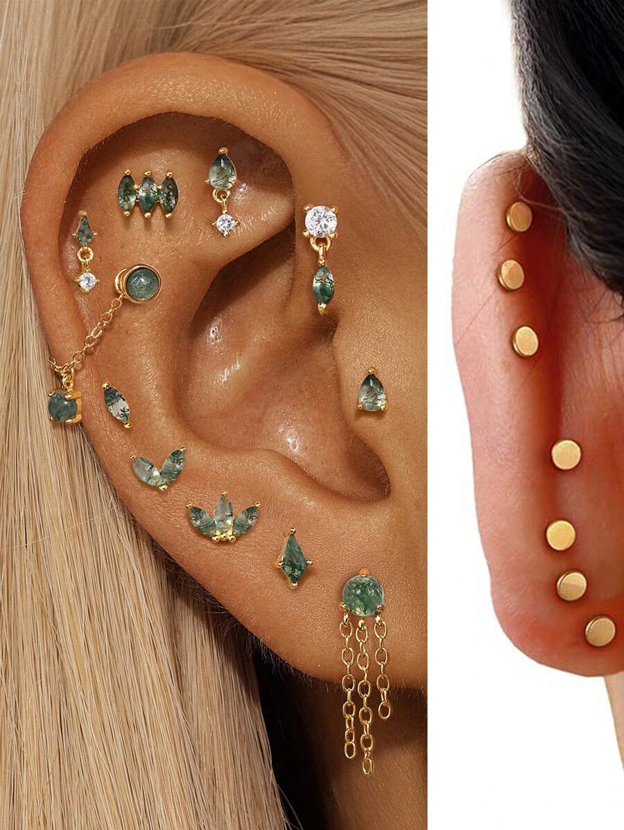1PC 925 Sterling Silver Natural Green Agate Marquise Flat Back Cartilage Helix Piercing Fine Jewelry For Daily Wear Wedding Party Engagement Anniversary Valentine's Day
