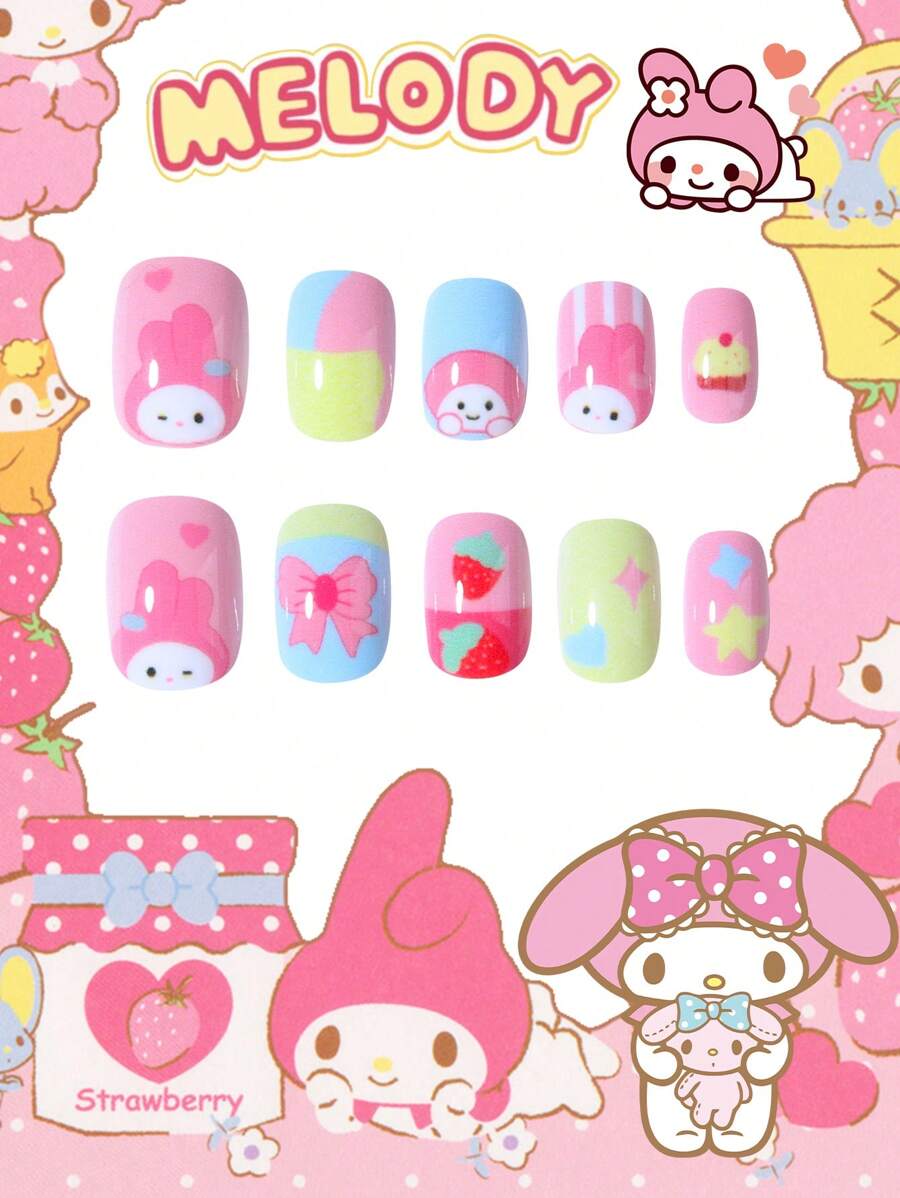Sanrio Sanrio Hello Kitty 24pcs Short Square French Tip Nails Cute 3d Melody Pattern Press-On Nails Fit Perfectly Acrylic Fake Nails Set, Melody Nail ,Nail Art For Girl And Child Daily Wear And Family Gathering Use,Pink Girl Style,Summer Nail,Spring Nail.