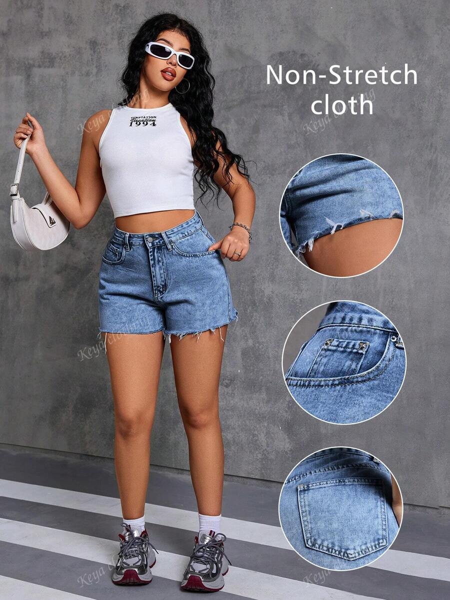 Shorts Denim Casual de Verão com Barra Desbotada e Desfiada