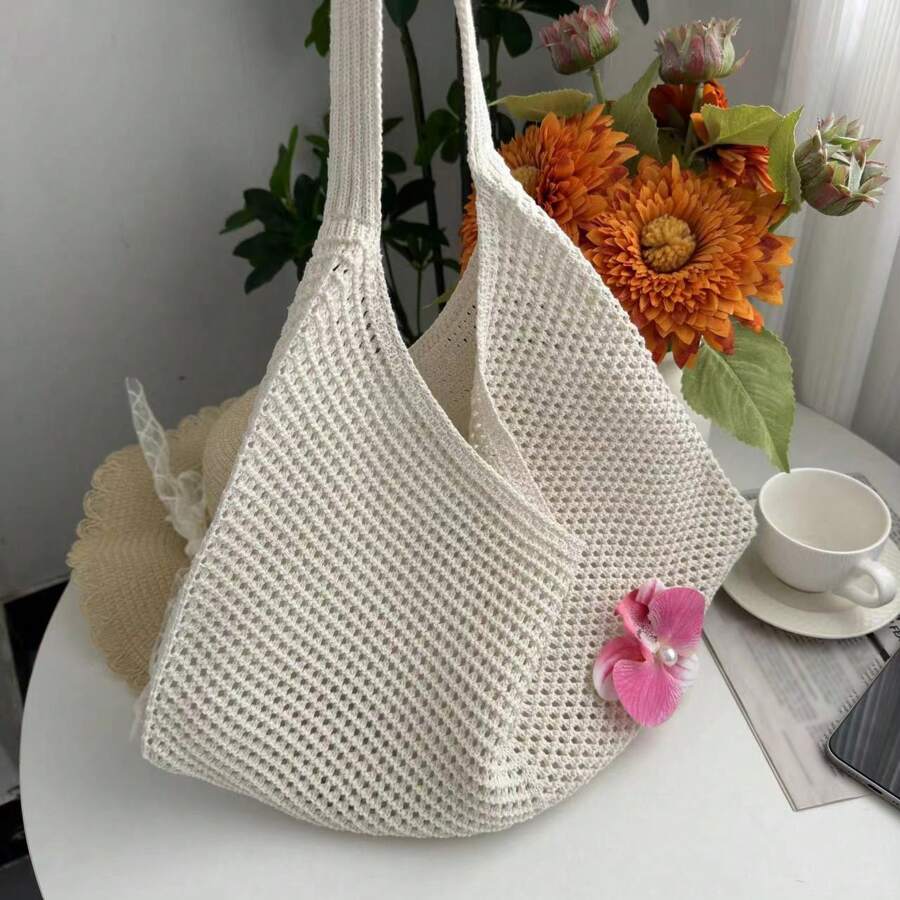 Summer Hollow Knit Tote Bag, Large Capacity Luxury Women Plain Casual Shoulder Bag, Butterfly & Floral Decor One Shoulder Strap Tote, Suitable For Daily Use, Hangout With Friends, Gift