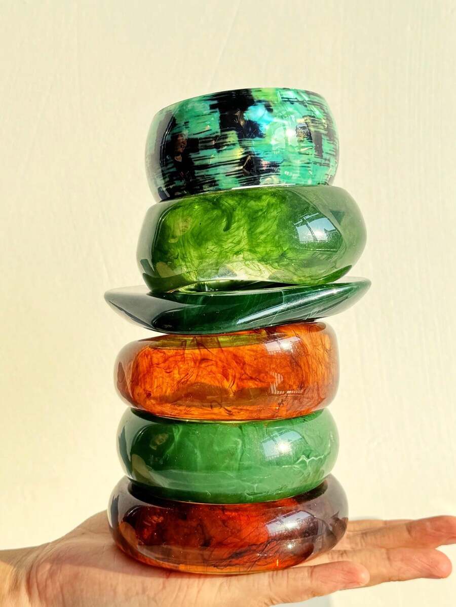 1 pieza Elegante brazalete ancho de resina verde retro, brazalete personalizado de moda y encantador