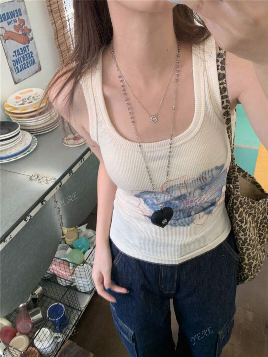 Women's Floral Print Square Neck Ribbed Casual Tank Top