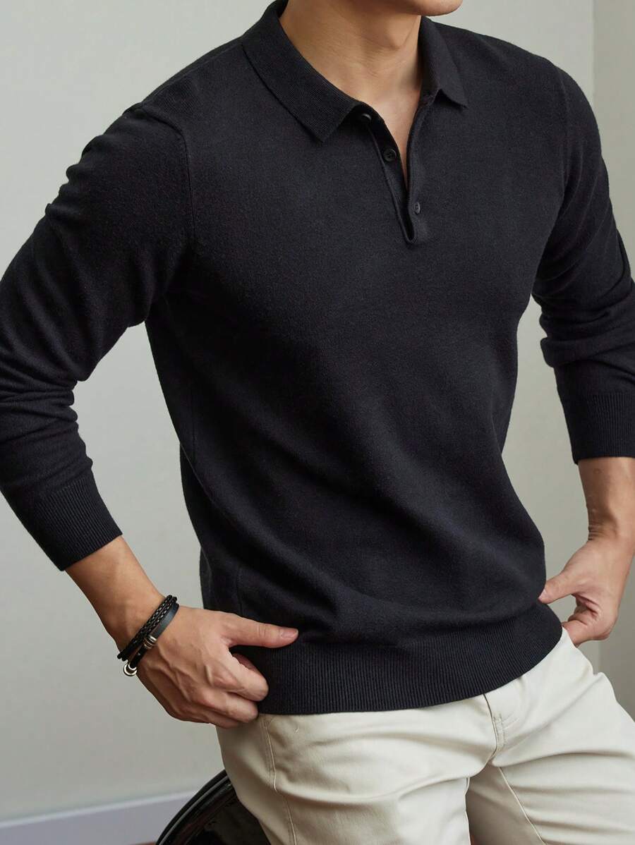 Men's Long Sleeve Polo Collar Knitwear, Versatile For Daily Wear