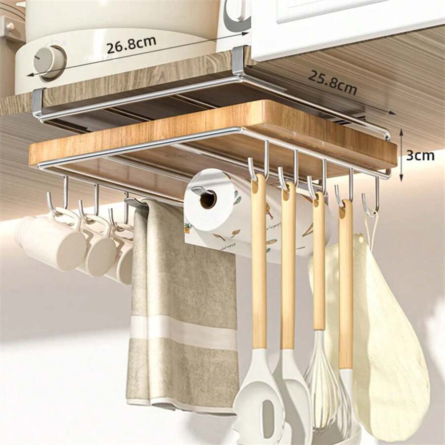 Stainless Steel Kitchen Hanging Organizer Rack With Hooks Paper Towel Dishcloth Hanging Rack Cutting Board Pot Cover Storage Shelf