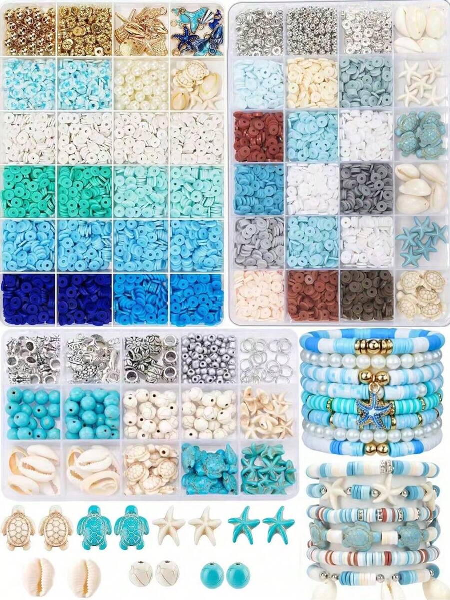 1 Set de kit de manualidades de pulsera con cuentas de temática oceánica, suministros para hacer pulseras de la amistad de vacaciones de verano que incluye cuentas de arcilla, artesanía de joyería DIY, regalo para vacaciones