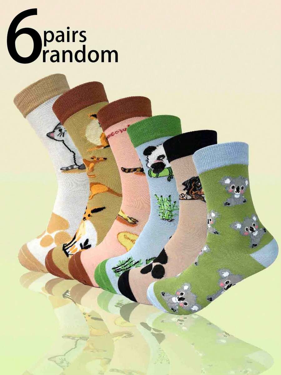 6 pares de calcetines medianos de mujer cómodos y versátiles con estampado de animales de dibujos animados, de uso regular casual, de tela suave, para primavera/verano/otoño