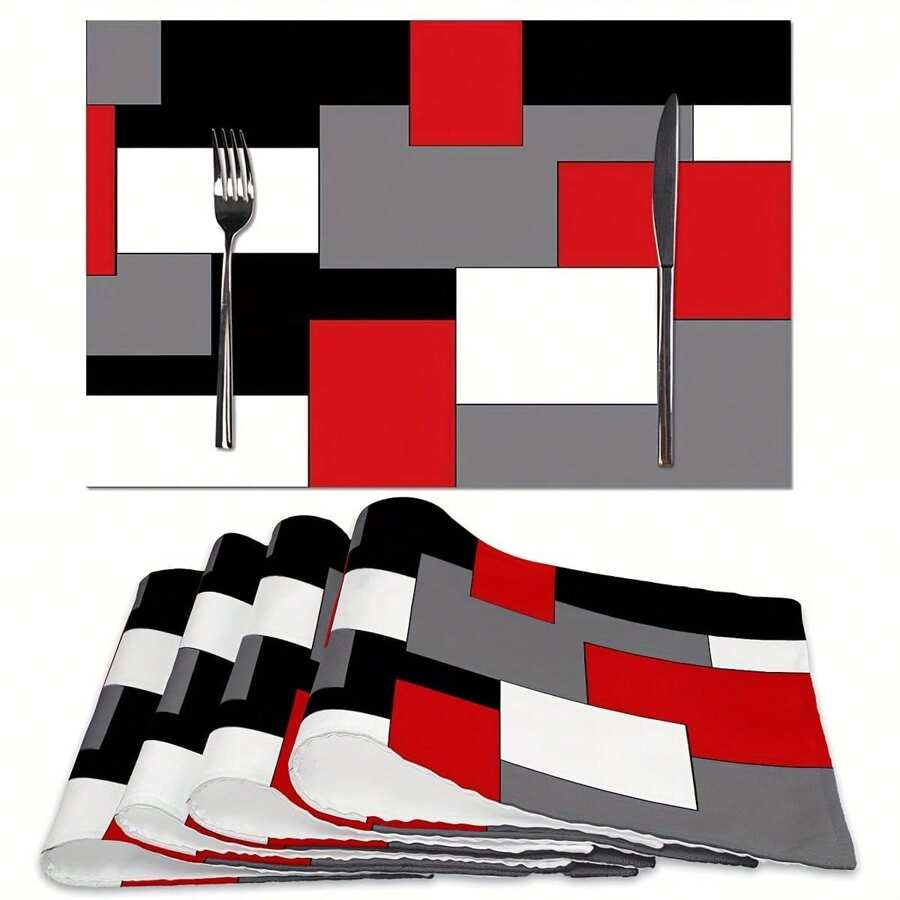 4pcs Red, Grey, Black, White Placemat, Geometric Square Tabletop Mat, Suitable For Home Kitchen Decor, Size: 30x45cm