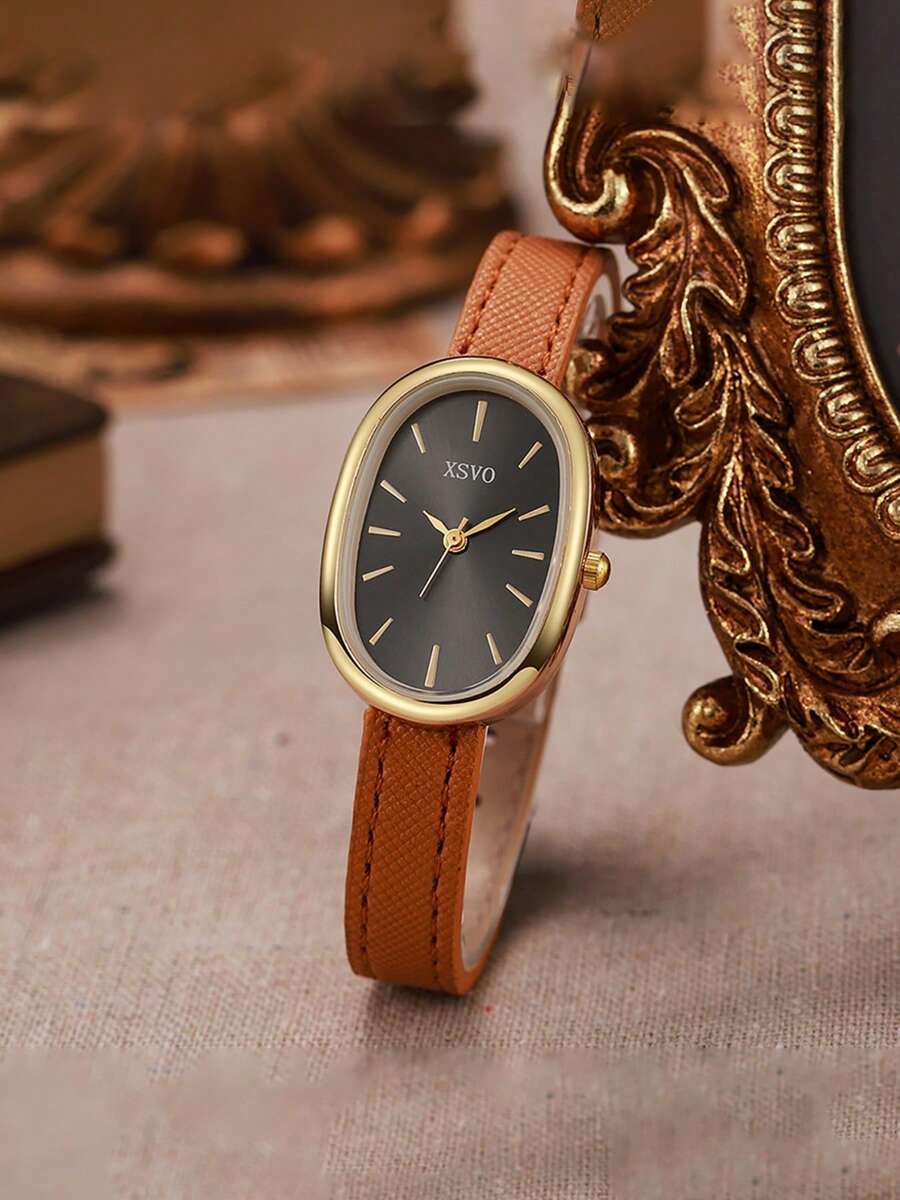 1pc New Stylish Leather Watch Set For Women, Minimalist Small Dial Oval Shaped Casual Ladies Watch, Student Version