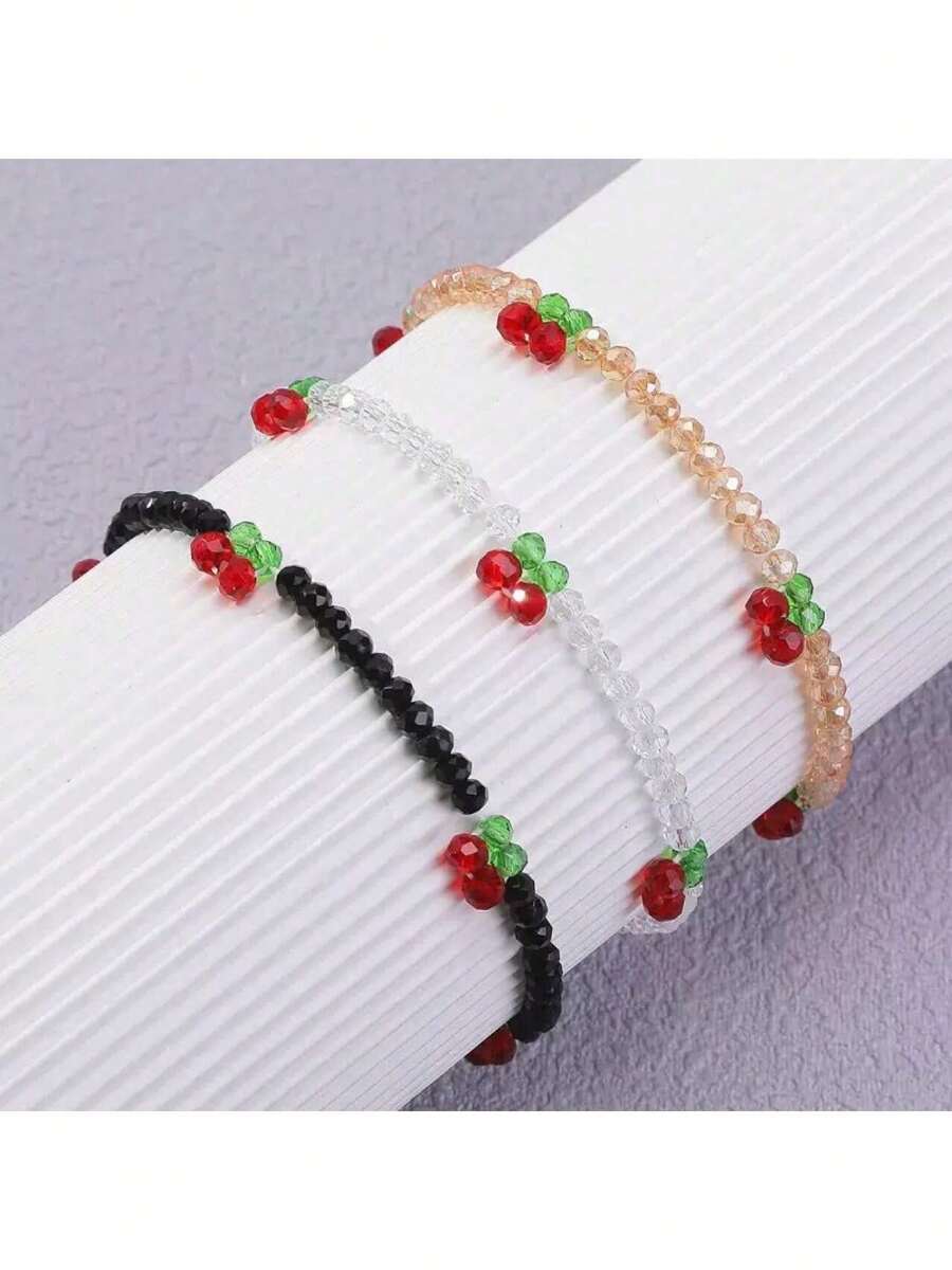 3pcs/Set Colorful Glass Beaded Cherry Blossom Elastic Bracelets, Crystal Cherry Bracelet Set