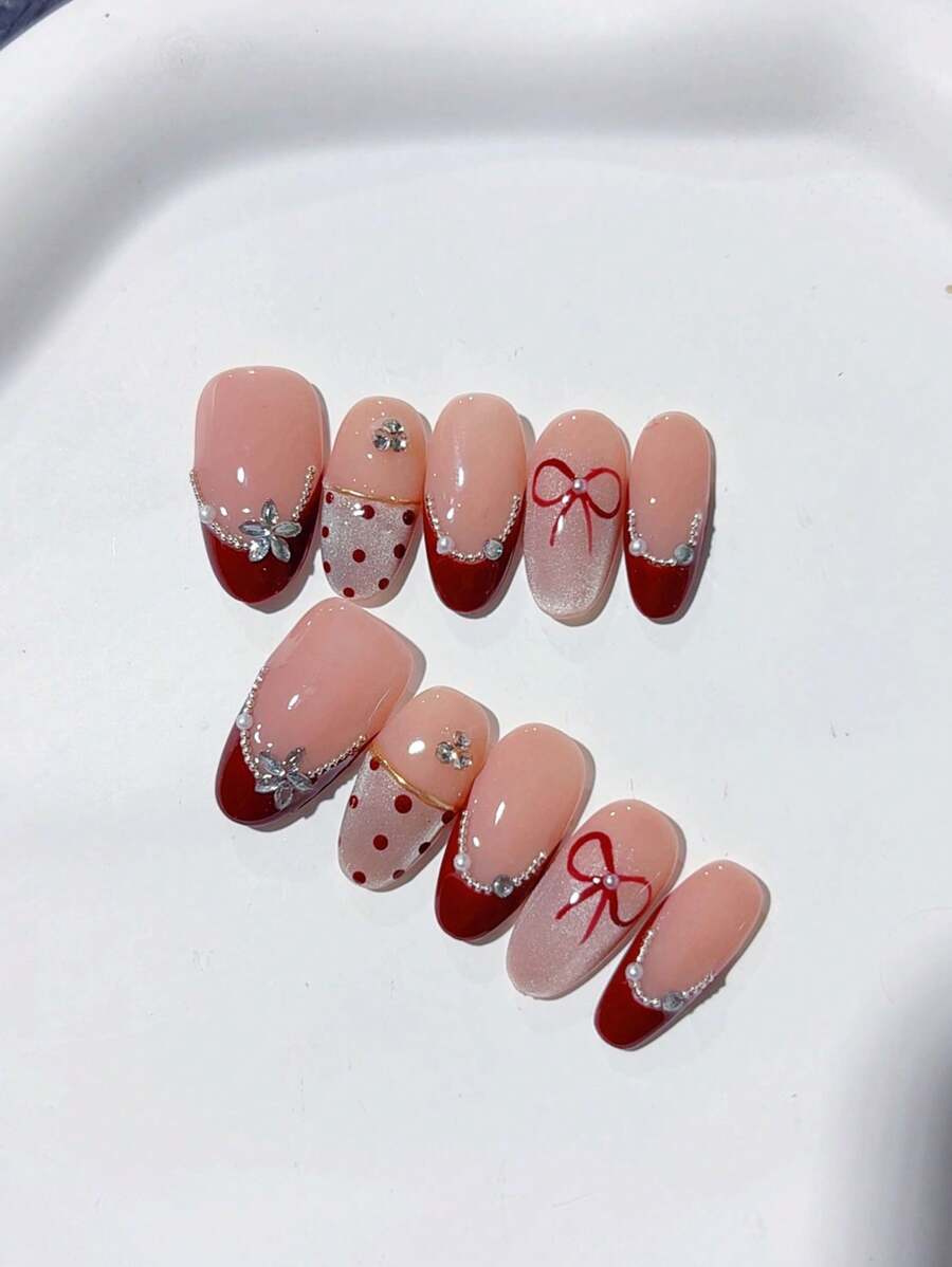 10pcs Handcrafted French Cat Eye Dotted Short Wearable Nails Set - Perfect For Daily Wear & Parties, Includes 2 Nail Application Tools - Ideal For Women & Girls