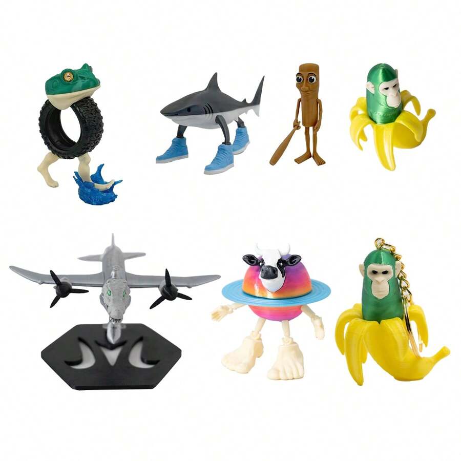 Modelos de juguetes 3D abstractos de la Serie Shanhaijing de IA, que incluyen figuras de madera, tiburones de tres patas, ranas de neumático, monos con plátano, vaca planetaria láctea, cocodrilo bombardero, entre otros. Decoraciones de modelos 3D abstractos, ornamentos de escritorio, juguetes de observación, regalos de broma entre amigos