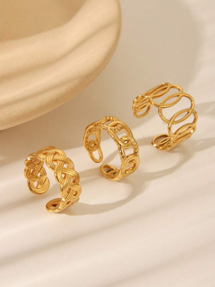 3er-Set kreative, Cut Out, goldene Edelstahlkette und runde Ring-Design offene Ringe, geeignet für tägliche Dekoration oder als Geschenk für Frauen