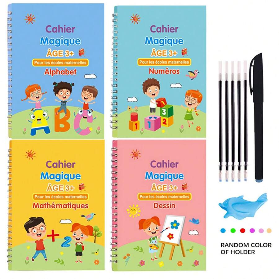 Libros mágicos 3D franceses para niños, cuadernos de caligrafía de aprendizaje, libros de ejercicios de letras, números, matemáticas y dibujo, cuadernos set de 4 libros, libros de matemáticas y caligrafía Montessori