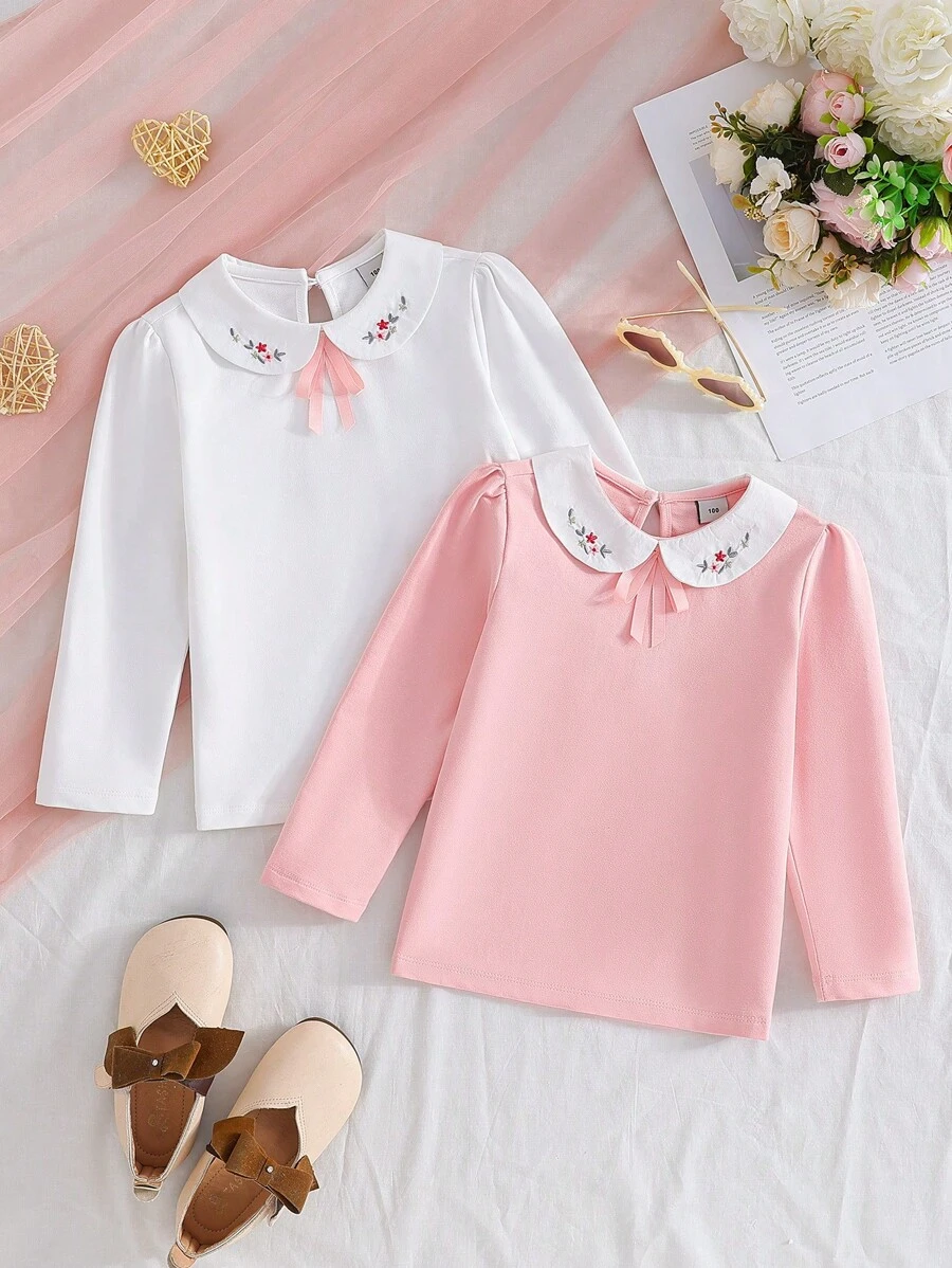 Conjunto de camiseta delgada de manga larga con cuello de solapa para niña, para otoño