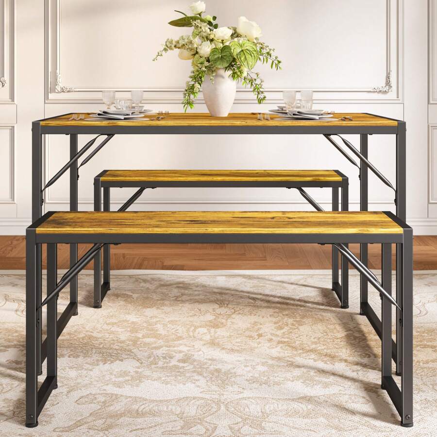 Juego de mesa de comedor de 45.5" para 4 personas, juego de mesa de cocina con 2 bancos, juego de mesa de comedor con estructura de metal y tablero de MDF, rincón de comedor compacto