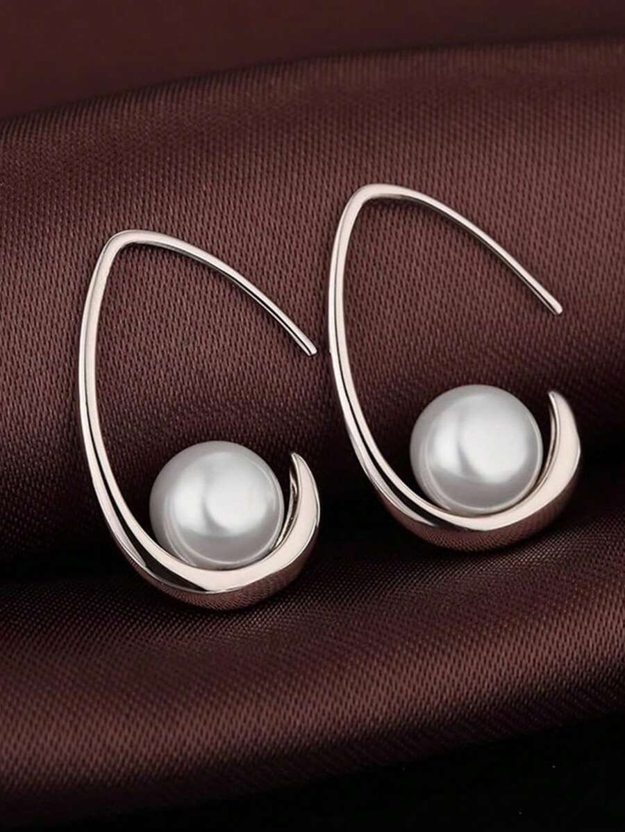 1 par de pendientes con perlas falsas chapados en cobre y plata, diseño elegante y versátil, regalo de joyería