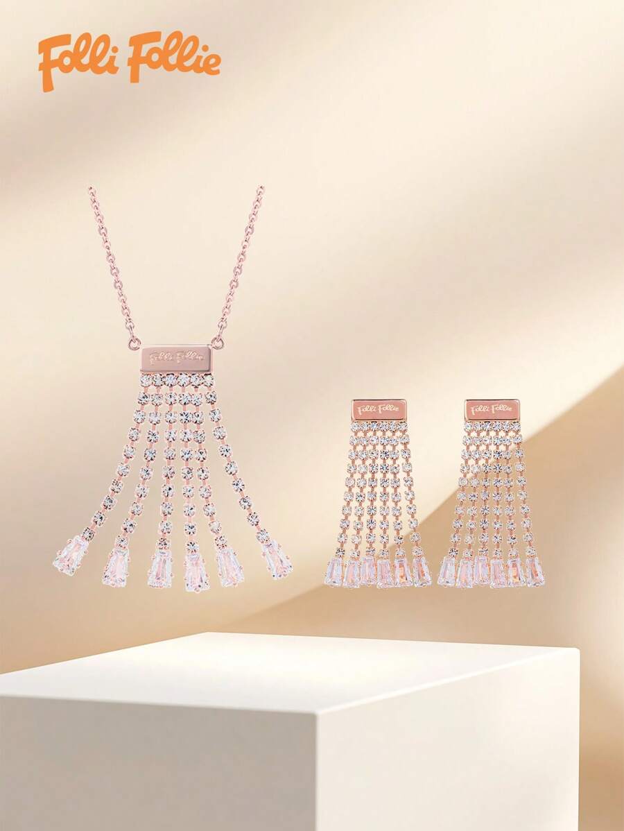 Folli Follie Conjunto de collar y pendientes para mujer, con flecos de cristal y borlas, conjunto de joyería nupcial, collar y pendientes para mujer, oro rosa.