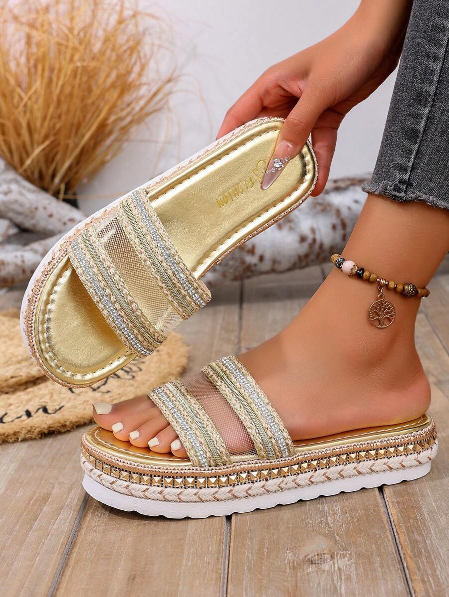 Sandalias planas decoradas con rhinestones 2025, con Top de malla transpirable para mujeres