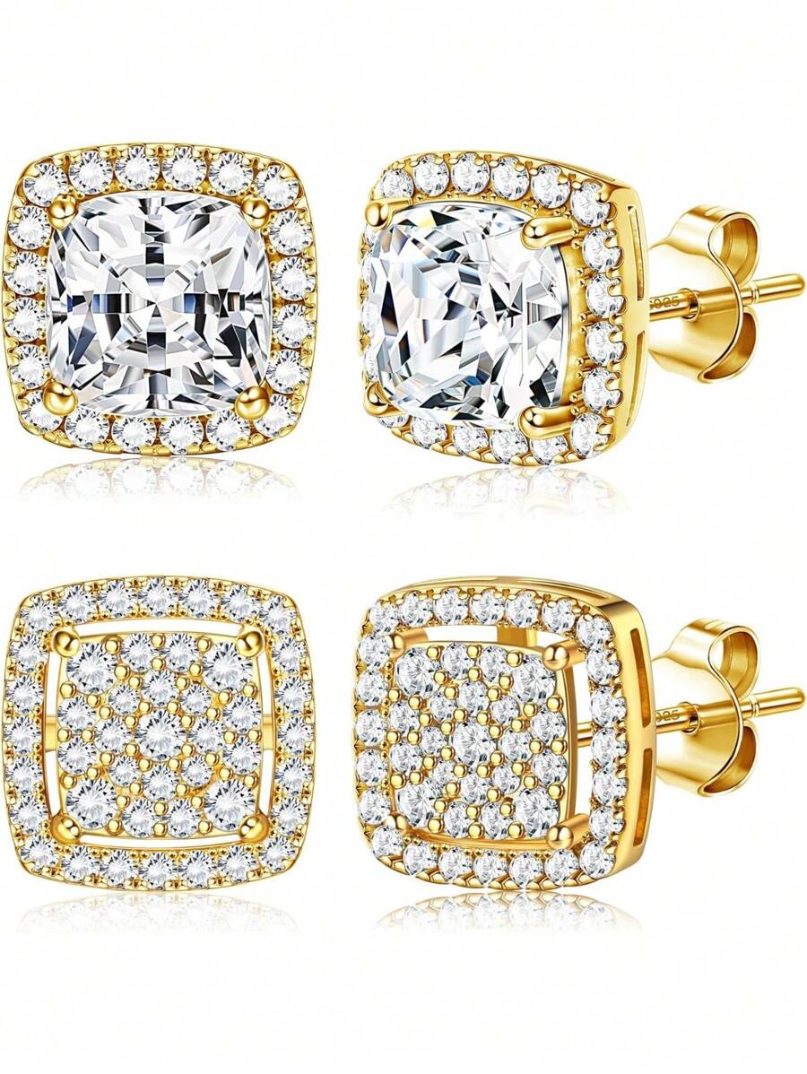 ORAZIO 1 Par de Pendientes de Botón con Circonita Cúbica para Hombre y Mujer, Juego de Pendientes con Poste de Plata de Ley 925 Chapados en Oro de 14K Hipoalergénicos, Redondos y Cuadrados con Circonitas Cúbicas Enchapadas, Pendientes Simulados con Halo de Diamante