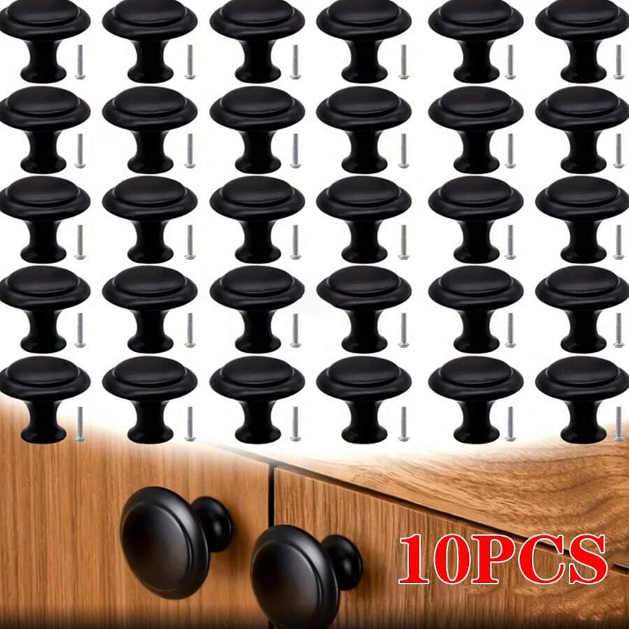 10pcs Matte Black Aluminum Cabinet Knobs, Solid Metal Round Drawer Pulls, 1 Inch Flat Stainless Steel Handles Suitable For Nursery, Kitchen, Dresser And Doors