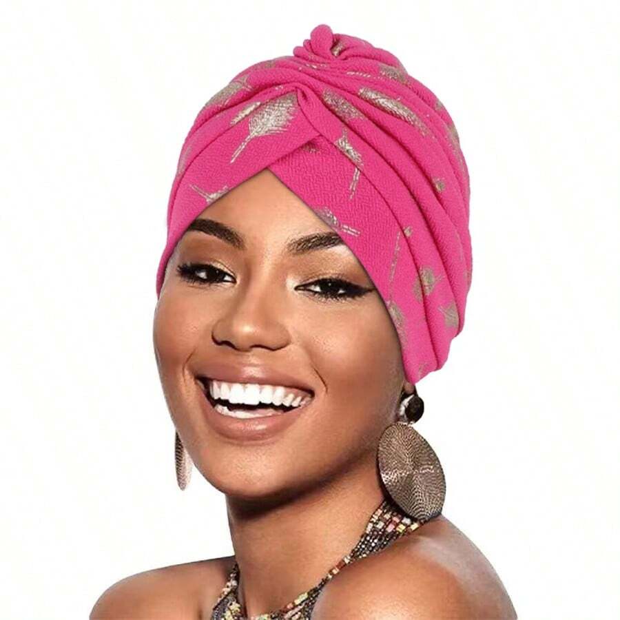 1PC Fashionable Versatile Feather Metallic Gold Print India-Style Head Wrap Turban, Cancer Chemo Hat For Hair Coverage