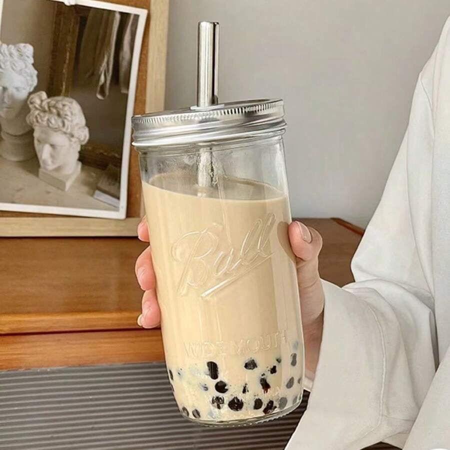 1pc Large Capacity Glass Boba Tea Cup With Lid And Stainless Steel Wide Straw,Suitable For Students To Drink Cold Beverages, Juices, Refreshing And Portable, Perfect Summer Drink Cup!