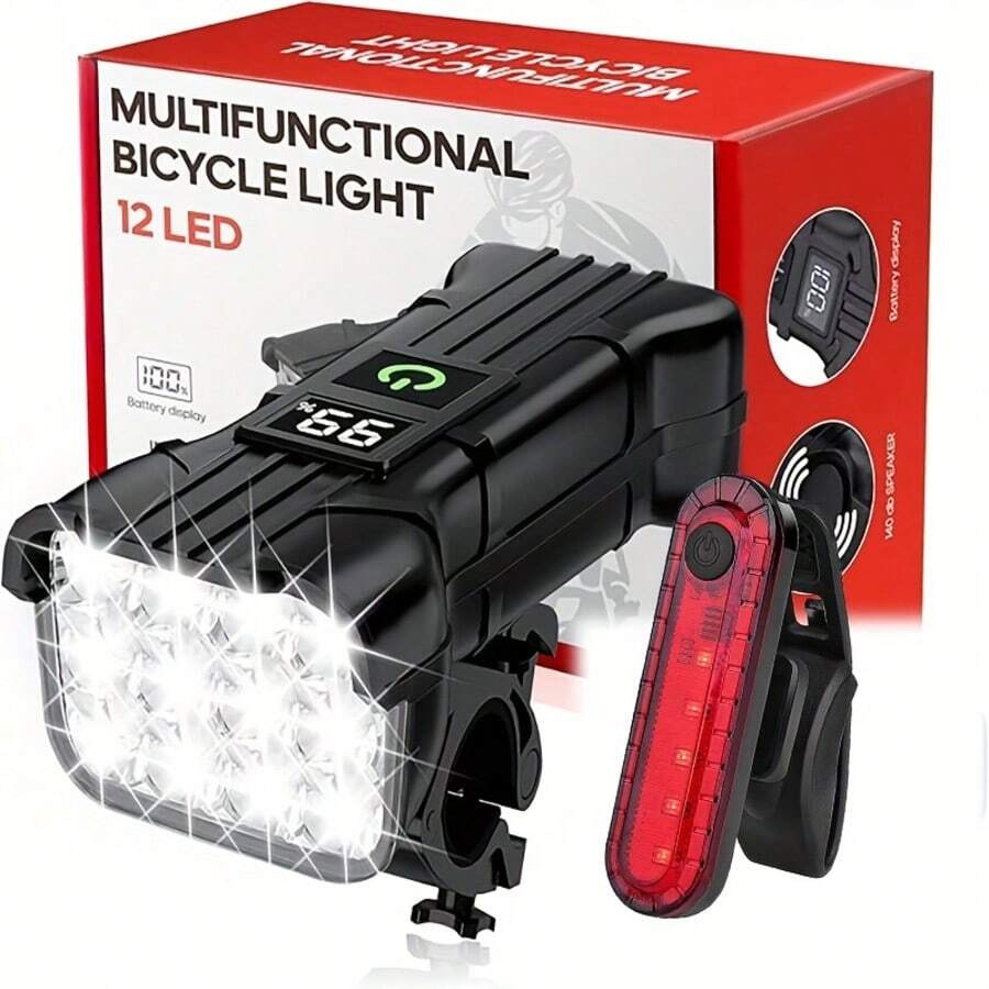 Juego de luces delanteras y traseras para bicicleta, 12 perlas LED, resistente al agua IPX4, alta luminosidad, fácil instalación, luz delantera con bocina, indicador de nivel de batería, 5 modos de iluminación, faro de bicicleta